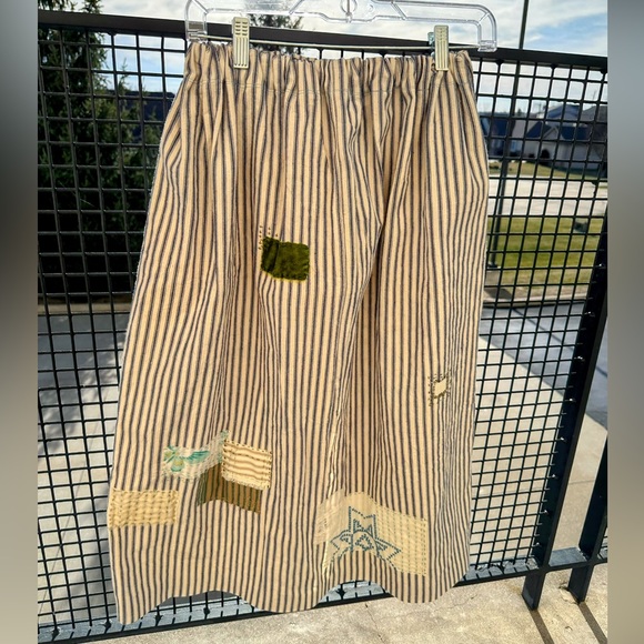Handmade Skirt With Ticking Stripes, Patchwork, Kantha Quilting & Embroidery - Picture 1 of 13